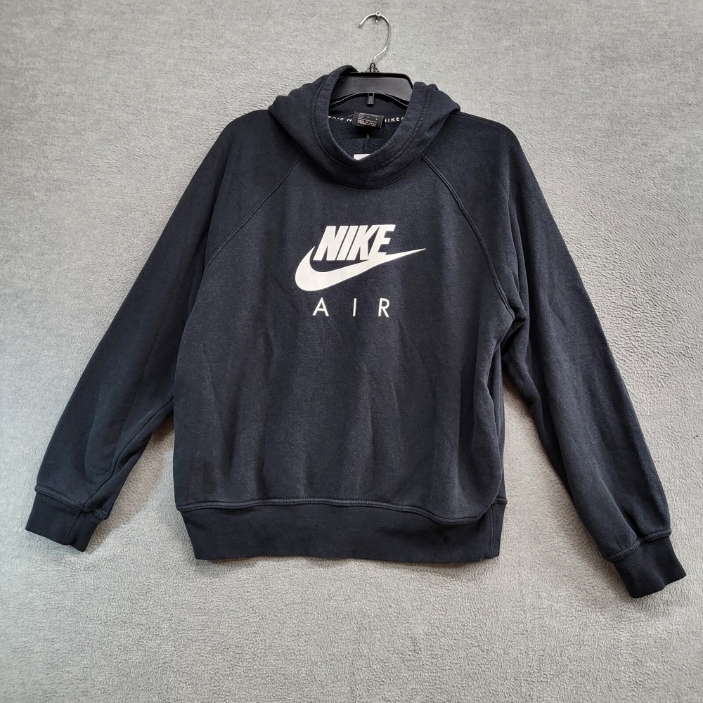 Nike Air Women Sweatshirt Large Black Hoodie Logo Spellout Fleece Cowl Pullover